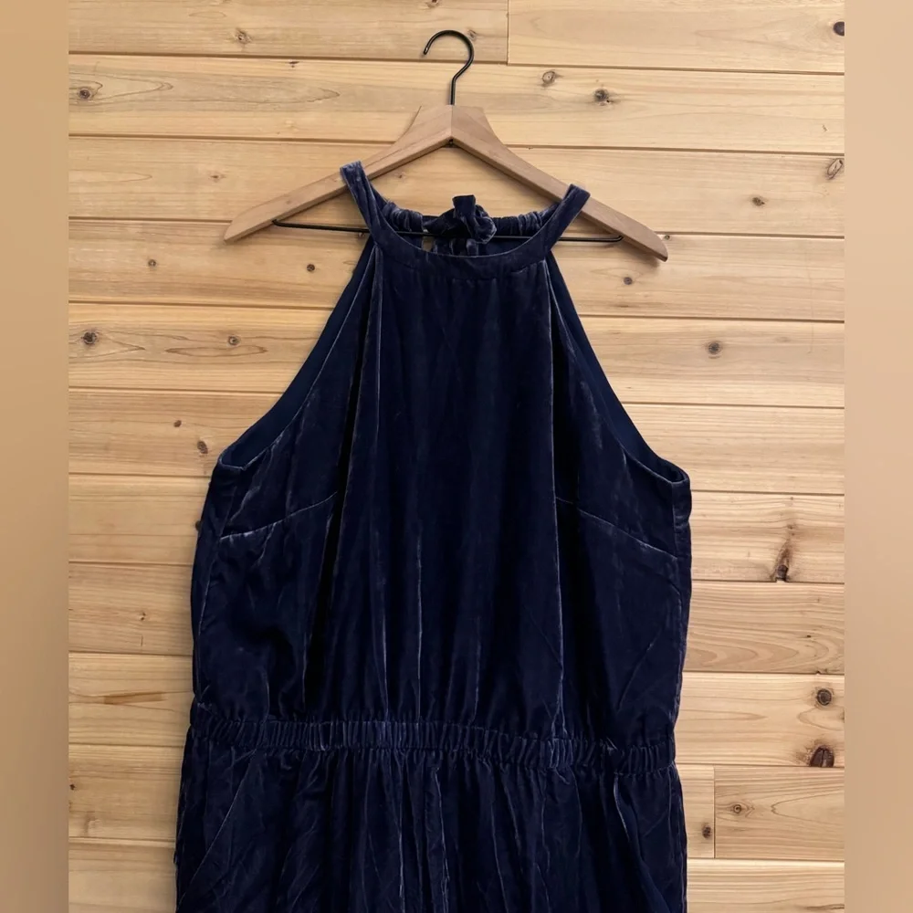 Loft XL Indigo Crushed Velvet Halter Relaxed Jumpsuit Pockets Fall Velour Party